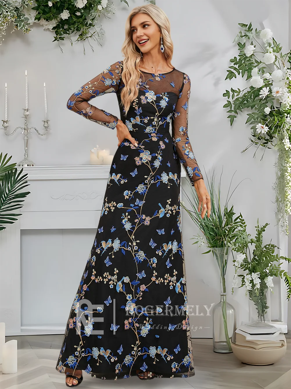 فستان سهرة أنيق للنساء 2025 طول الأرض دانتيل أسود زهري على شكل حرف a سكوب بأكمام طويلة فستان حفلة موسيقية لحفلات الزفاف