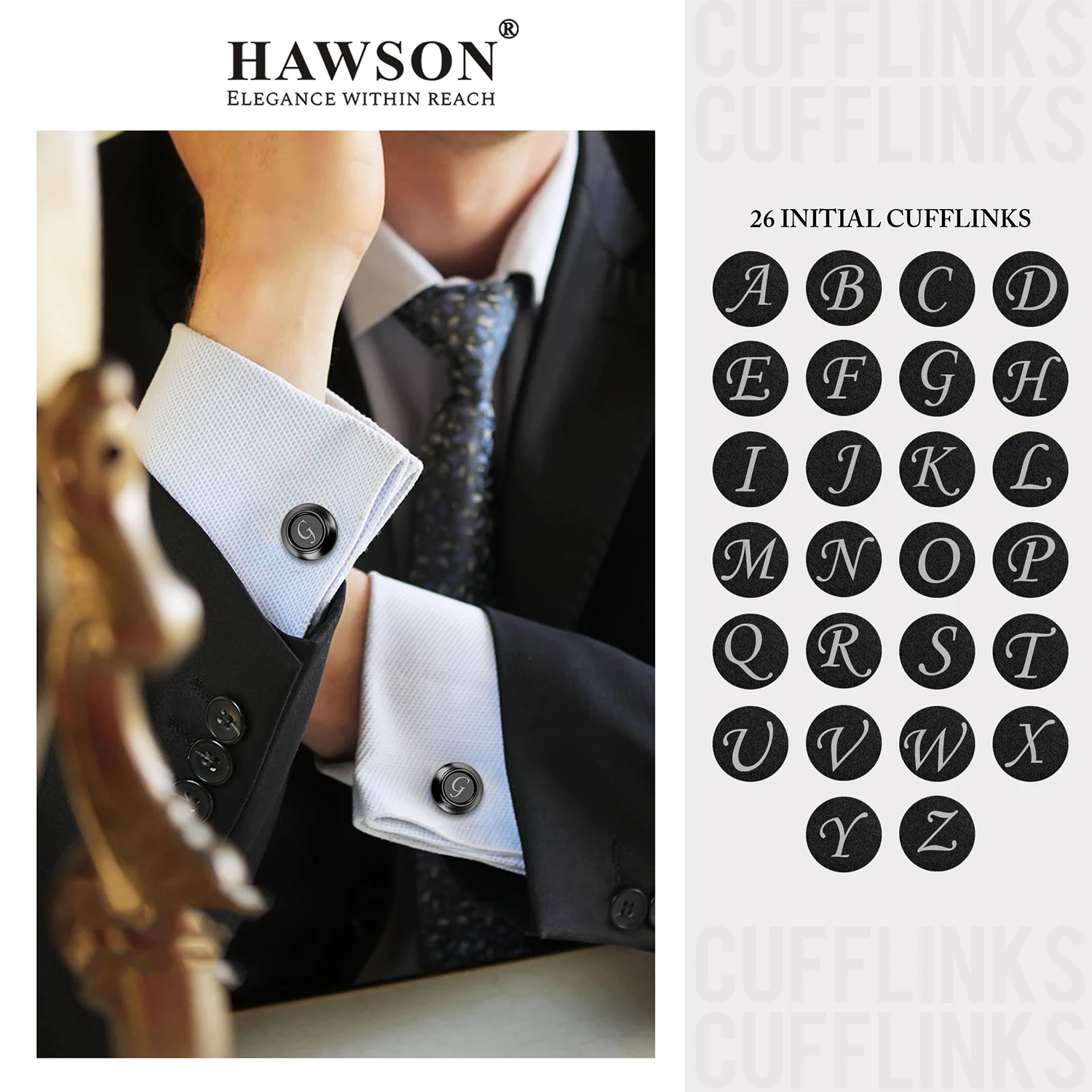 HAWSON Classic Mens Cufflinks with Initial A-Z, Classic Black 26 Letters Cuff Links for Men Business Wedding Shirts