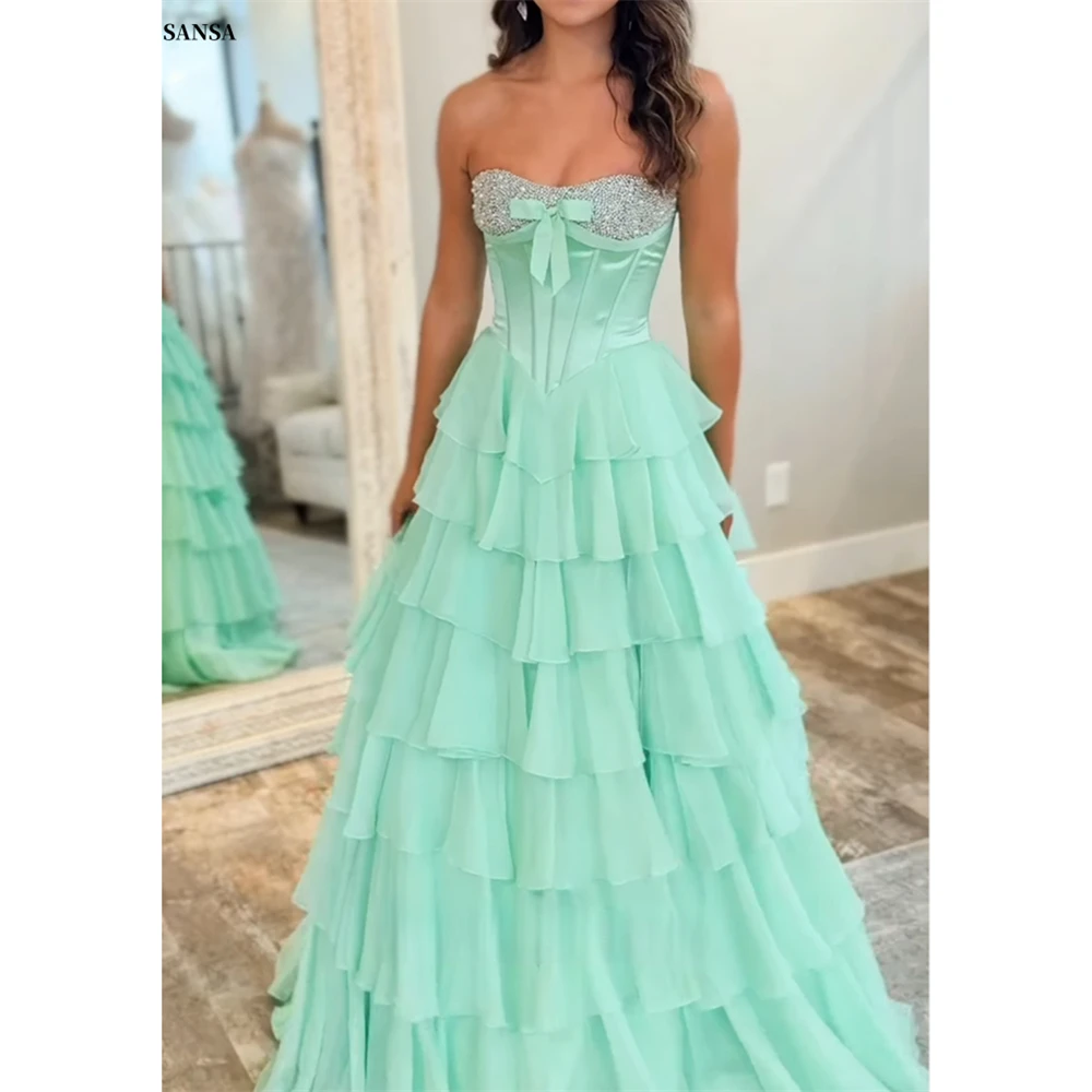 

Sansa Customized A-Line Side Split Bow Tiered Ruffle Prom Dress Sleeveless Sequins Vestidos De Noche Floor-Length Formal Evening
