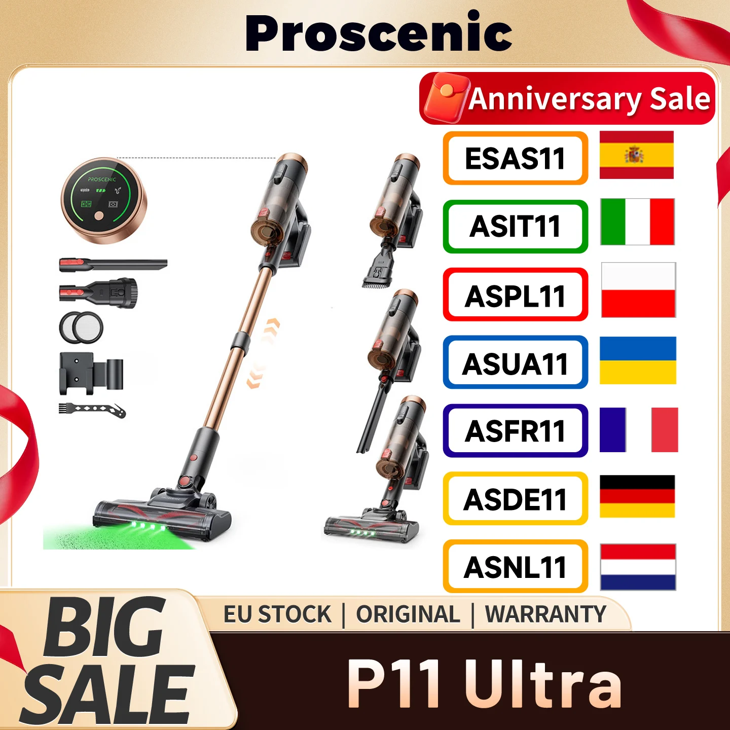 Aspirateur sans fil Proscenic P11 Ultra, aspiration de 40 kPa, autonomie de 40 minutes, brosse anti-emm�lement, tuyau r�glable et corps l�ger de 1,6 kg, filtration � 4 couches, phares LED verts, nettoyage polyvalent multi-surfaces, chargement rapide et design peu encombrant