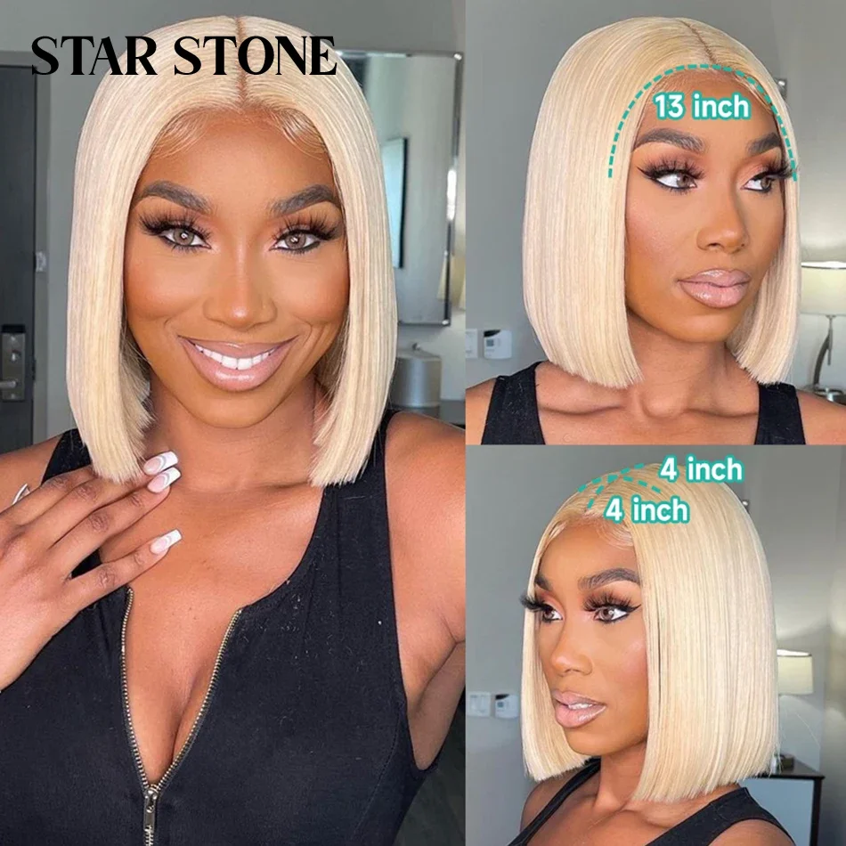 

Short Bob Human Hair Wigs Color 613 Honey Blonde T Part Lace Wig Bleach Knots 13x4 Lace Frontal Wig Hair Blonde 180% Density