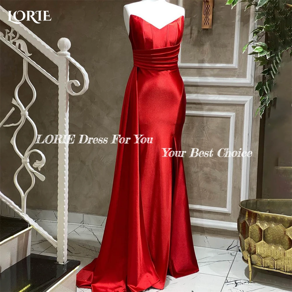 LORIE Elegant Shiny Mermaid Evening Dresses สำหรับงานแต่งงานปิดไหล่ V คอจีบชุดซาติน Saudi Arabia Gowns