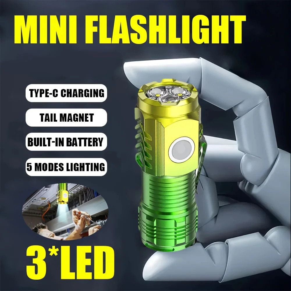 Mini 3 LED Flashlight Rechargeable Portable Torch Clip Powerful Waterproof Pocket Magnet Work Light For Camping Hiking Fishing