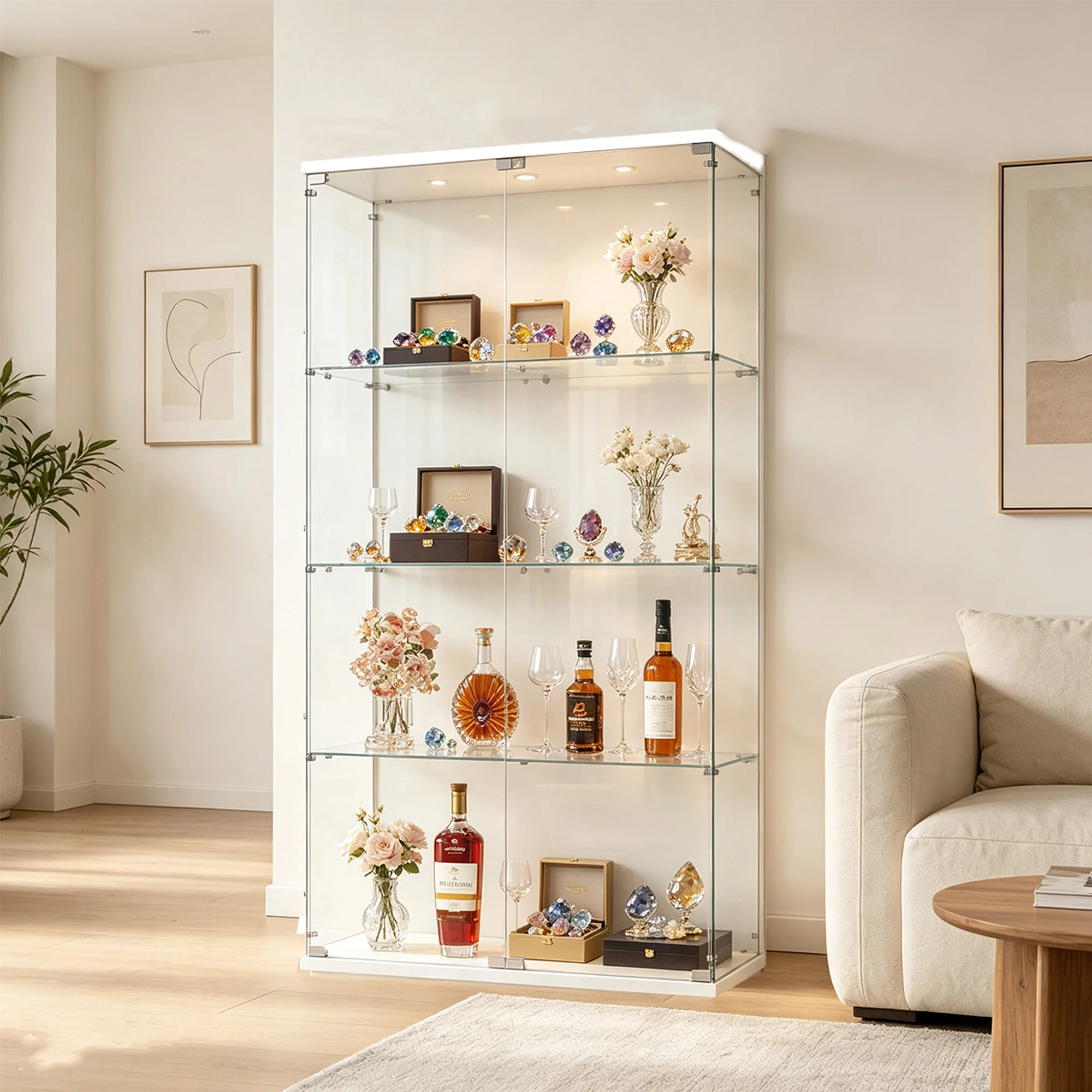 Image of Anajqaqia 4-stöckige Glasvitrine, Moderne Zweitürige Glasvitrine, Freistehendes Bücherregal für Sammlerstücke, Wein, für Wohnzimmer, Schlafzimmer, Bar, Weiß