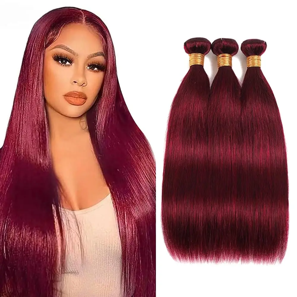 # 99J ストレートレッド 1 3束 100%人毛束 ブラジル産バージンヘア バーガンディストレート束 オーガニック ブリージー束 99J