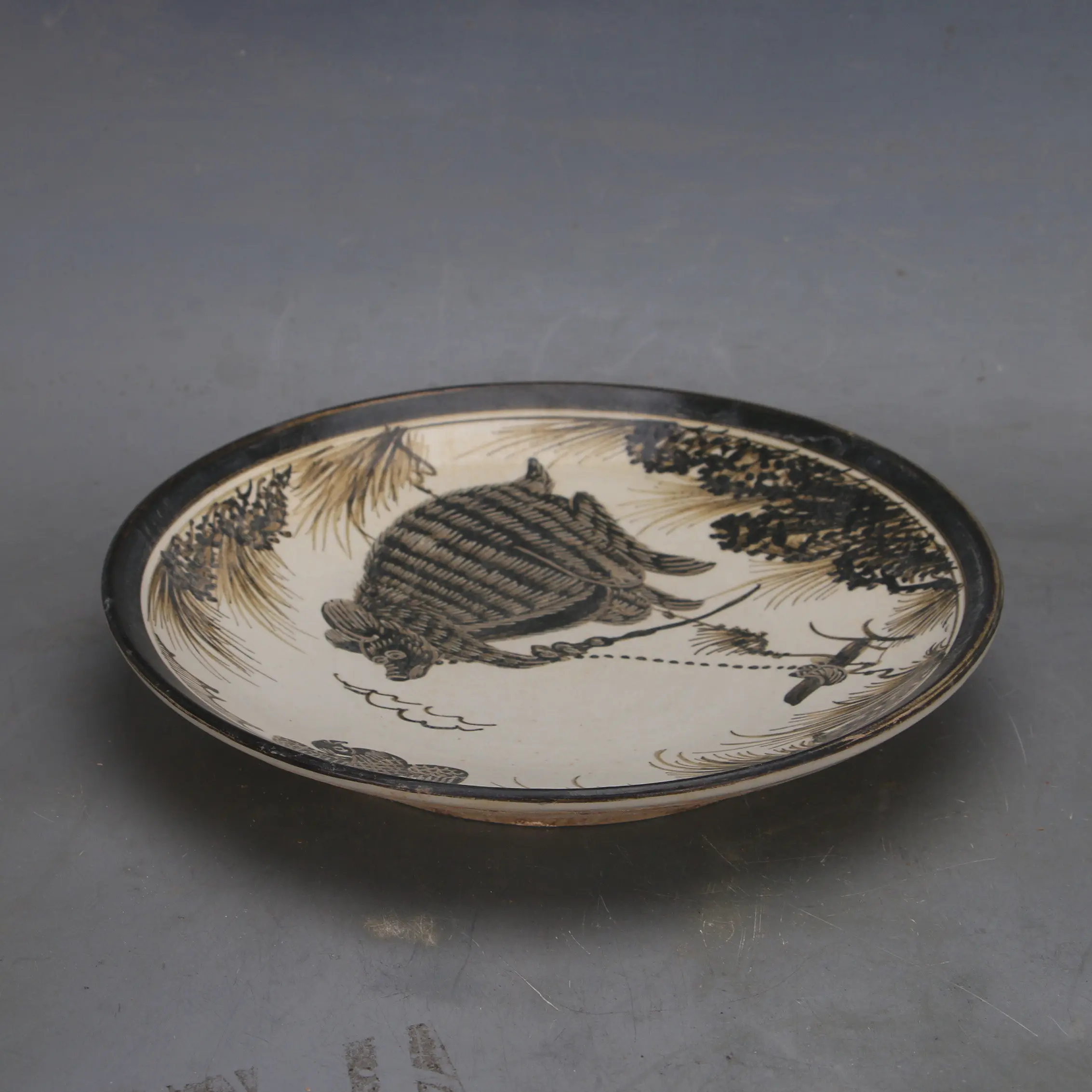 Antique Style Painted Heroes Gathering Pattern Plate Cizhou Ware Porcelain Home Decor Collectible