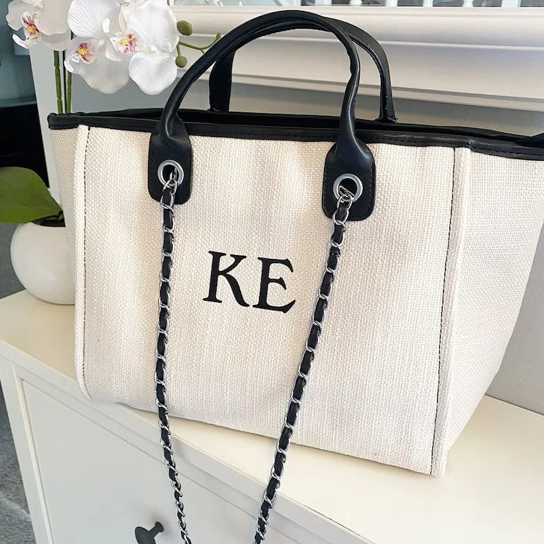 Bolso de hombro personalizado para mujer, bolso de playa, bolso de mano personalizado, bolso de lona, regalos para ella, bolso de mano con cadena, Personal