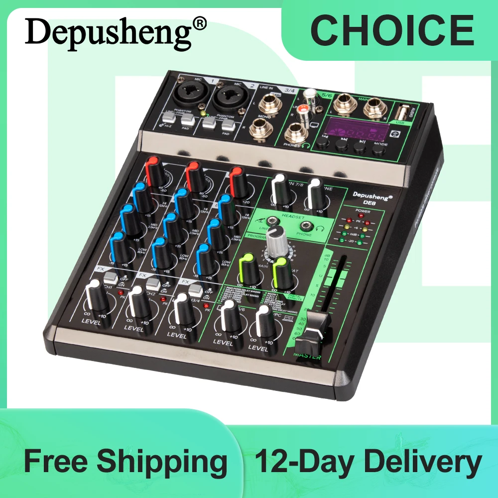 Professional 8 Channel Audio Sound Mixer Portable Mixing Console 48V Phantom 16DSP Effect Bluetooth USB PC Play Record Guitar