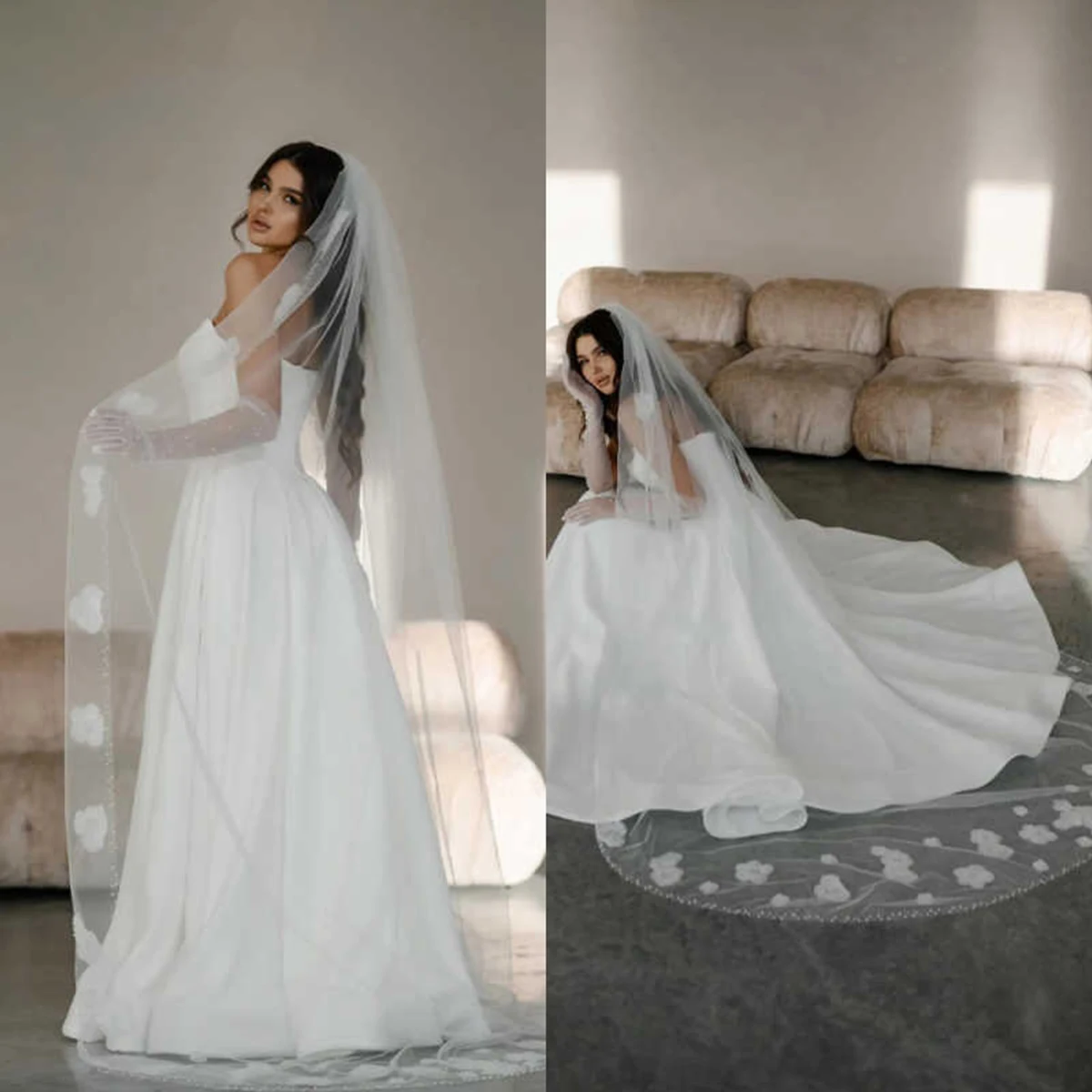 

Роскошная длинная свадебная фата по индивидуальному заказу, фата из тюля и кружева, фата принцессы с аппликациями, 3D цветы, свадебная фата