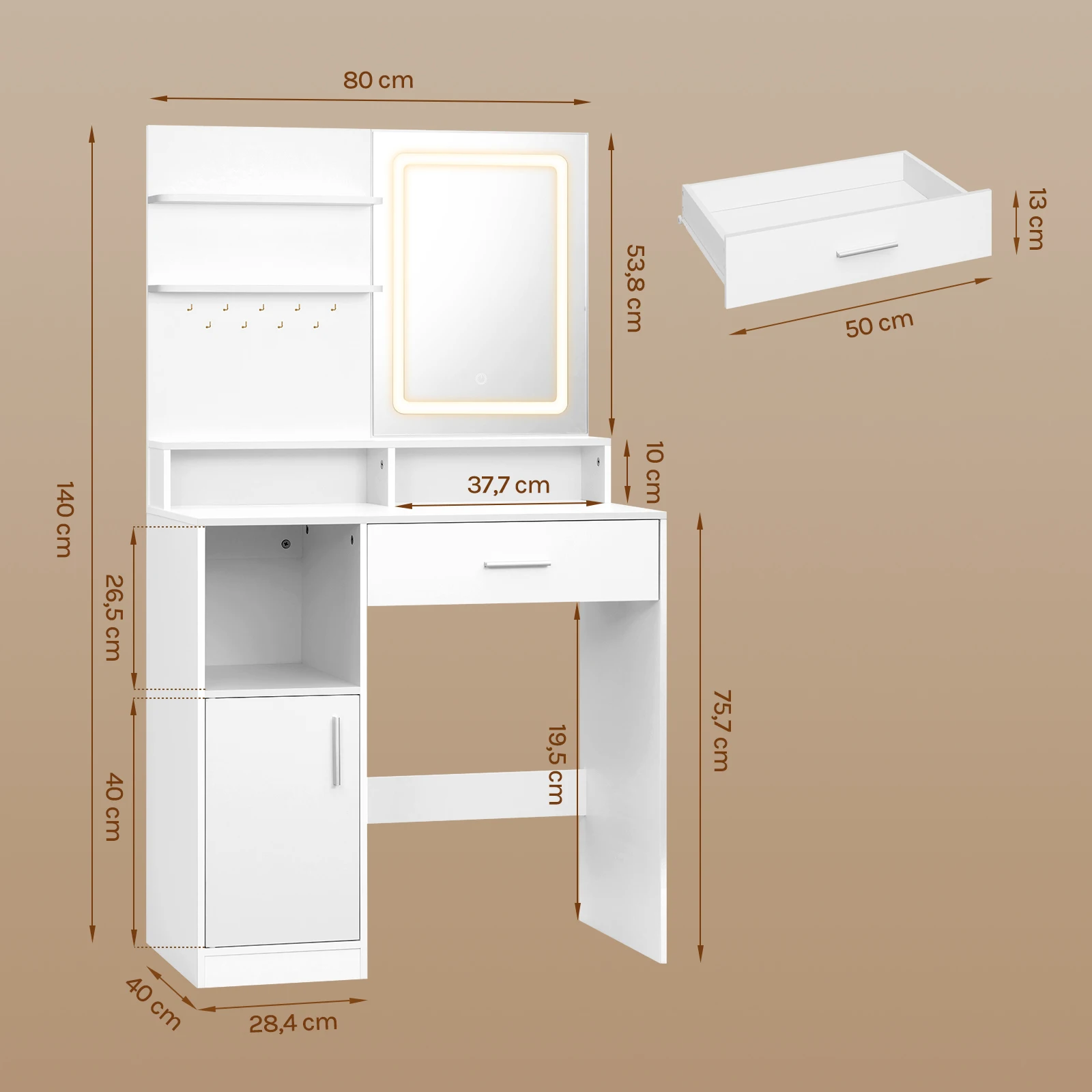 Picture 7: WOLTU Cosmetic Table Dressing Table with Adjustable LED Lights Mirror Vanity Unit with 3 Shelves Storage Cabinet for Bedroom