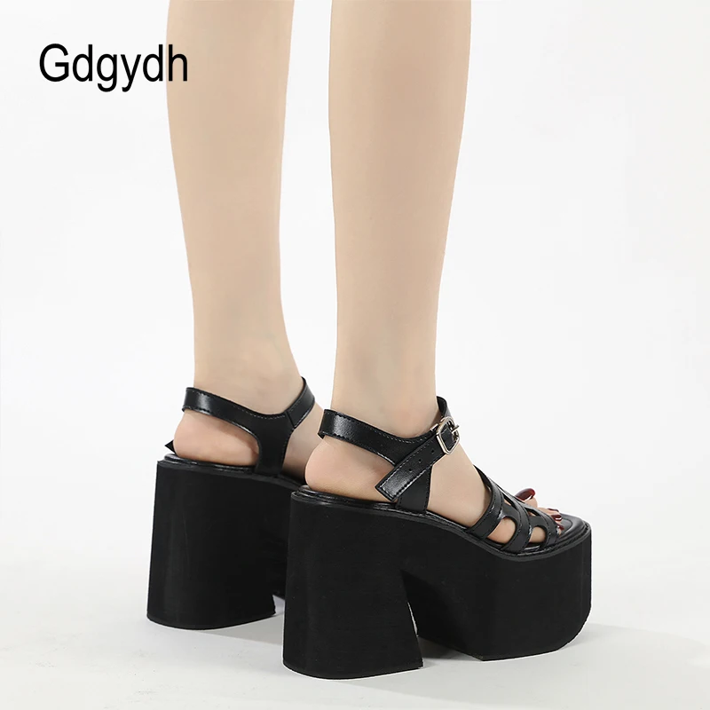 Gdgydh Women\'s Platform Sandals Goth Hollow Out Ankle Strap Heeled Sandals Solid Color Open Toe Casual Walking Beach Shoes