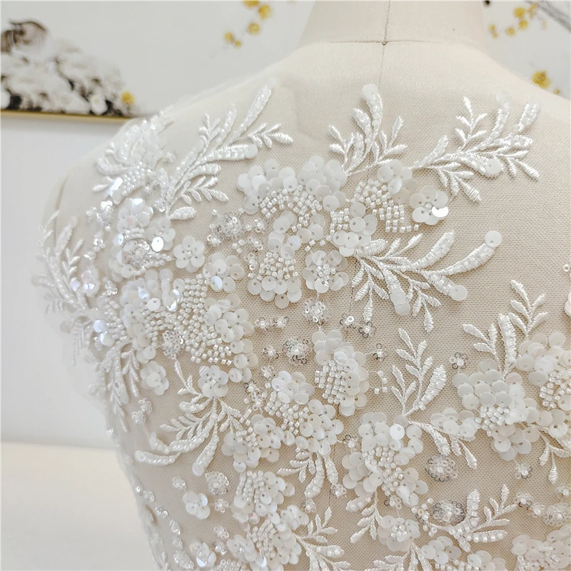 3D Luxury Flower Beaded Lace Appliques for Wedding Dresses Veils Bodice Rhinestone Lace Applique Patches Embroidery Lace  Ropa