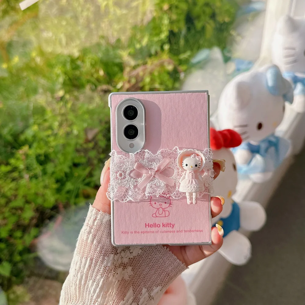 Kawaii 3D Pink Cartoon Cat Lace Phone Case for Samsung Galaxy Z Fold 8 Fold 8 Ultra Fold7 Sweet Cute Shockproof Protective Cover