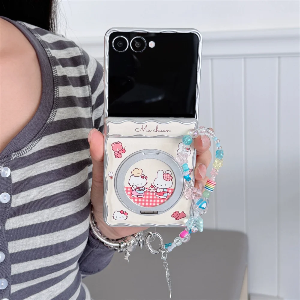 New Fashion Cute Cartoon Rabbit Kitten Phone Case for Samsung Galaxy Z Flip 8 7 Flip 7 8 Cover With Magsafe Stand Charm Cases