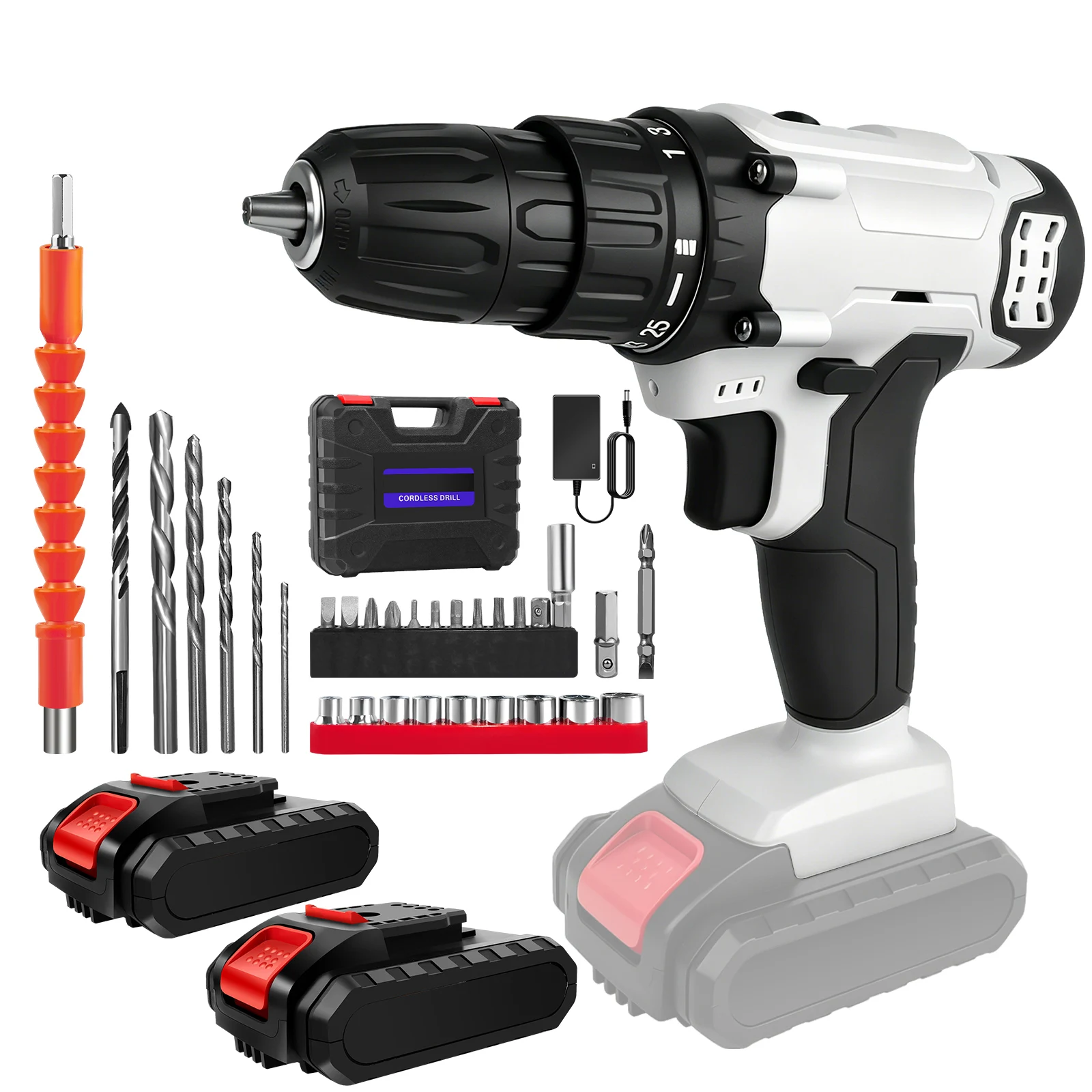 21V Akku-Bohrschrauber-Set mit 2 Lithium-Batterien & 30 Bohrer-/Schraubendreher-Zubehörteilen, 25+1 Drehmoment- und 2 Geschwindigkeitsstufen & LED-Licht