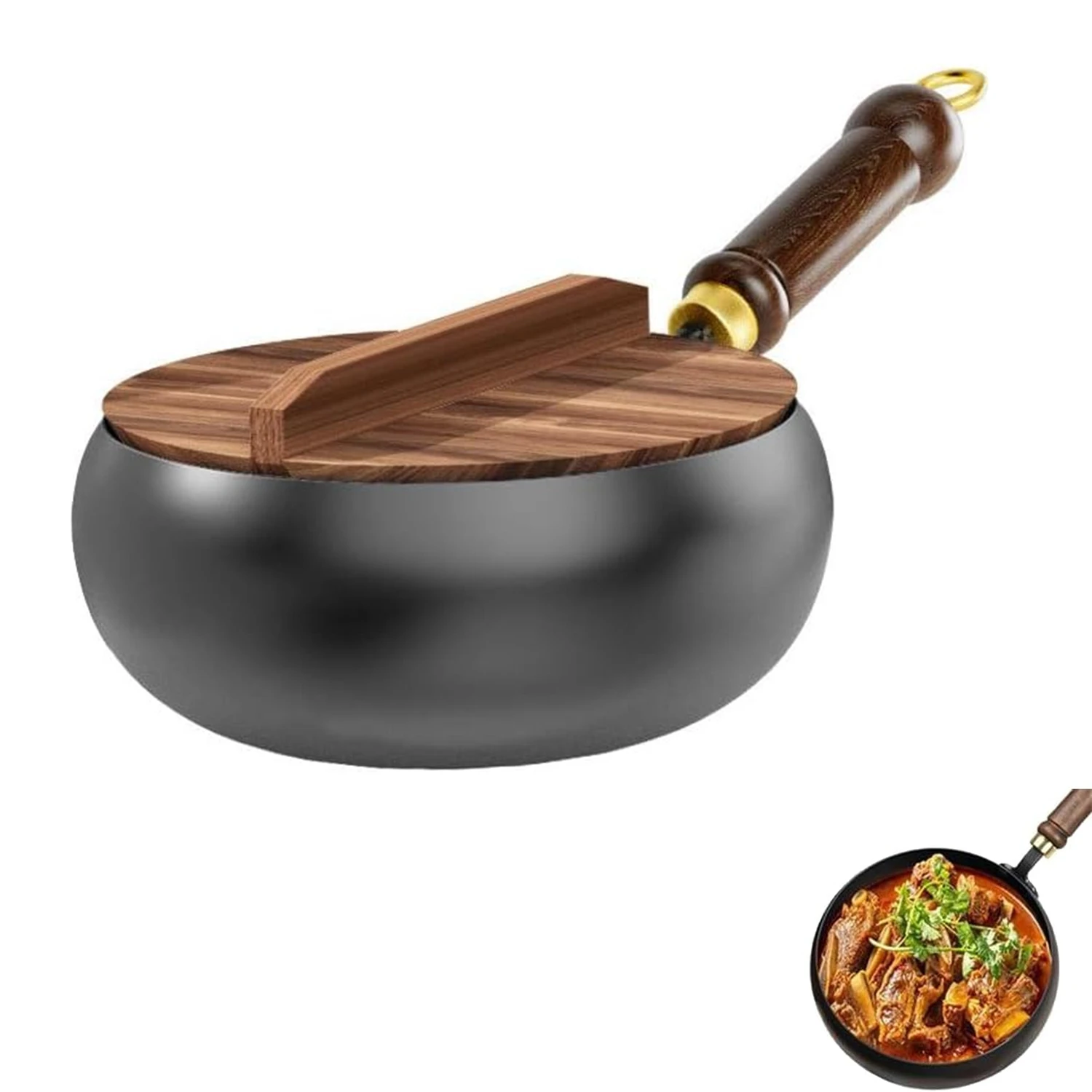 Unbeschichtete Schmiedeeisenpfanne mit Holzdeckel 24/28cm Antihaft-Bratpfanne Gleichmäßige Wärmeverteilung Handgeschmiedetes Design Kompatibel mit Induktionsherd und Backofen Gesunder Kochtopf für die