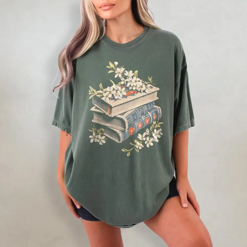 Women Cotton T Shirt Floral Book Shirt Reader Shirt for Booklover Bibliophile Shirt Reading Gift Short Sleeve Fashion Crop Tops