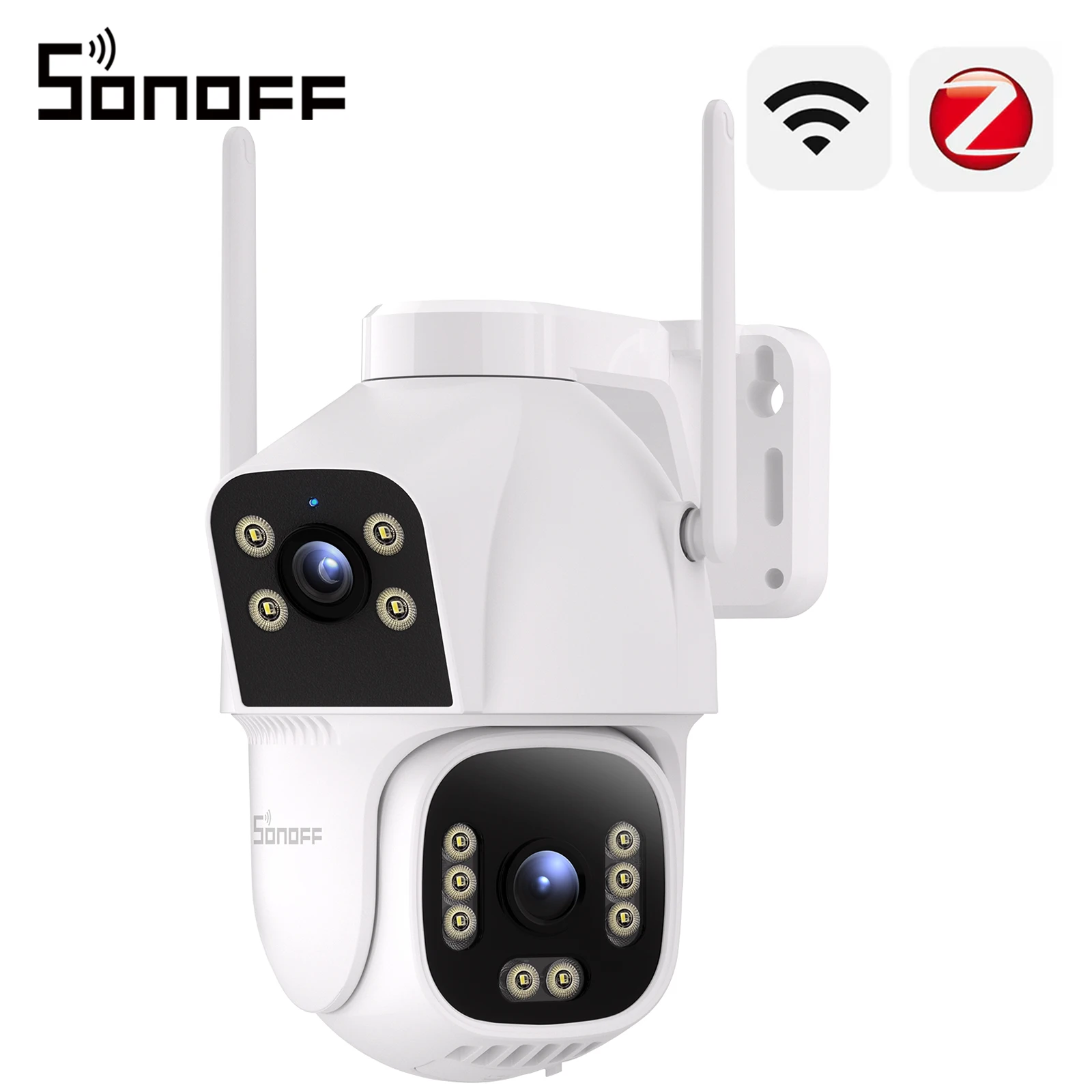 SONOFF CAM-C44HE, telecamera di sicurezza da esterno con doppia lente e risoluzione 4MP, dotata di hub Wi-Fi, funzione PTZ e tecnologia IP, con hub Zigbee 3.0 integrato per sistemi di irrigazione e