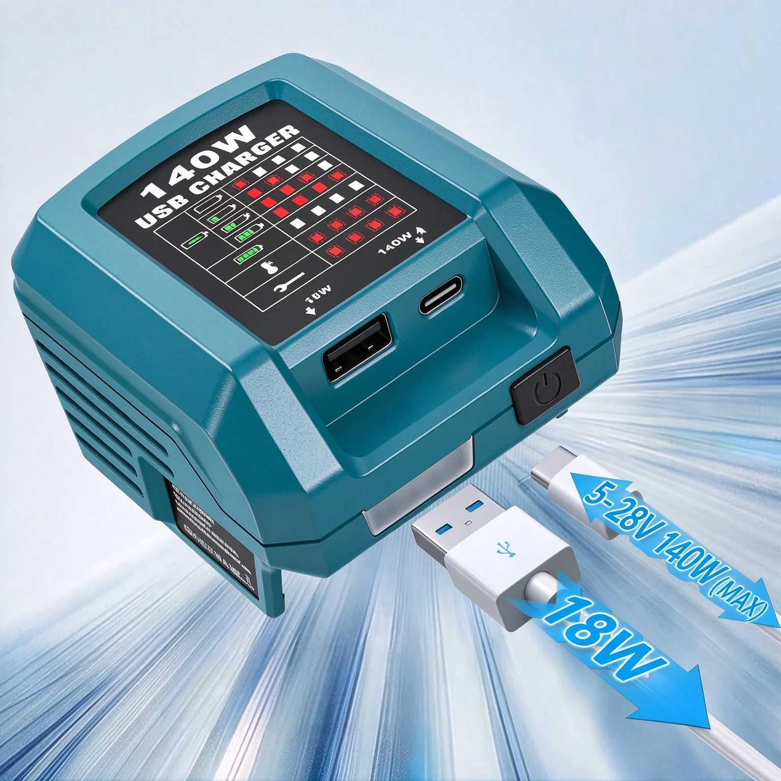 140W 2-in-1 bidirectional battery charger adapter, compatible with Makita, DeWALT, Milwaukee, Bosch 18V/20V power tool batteries