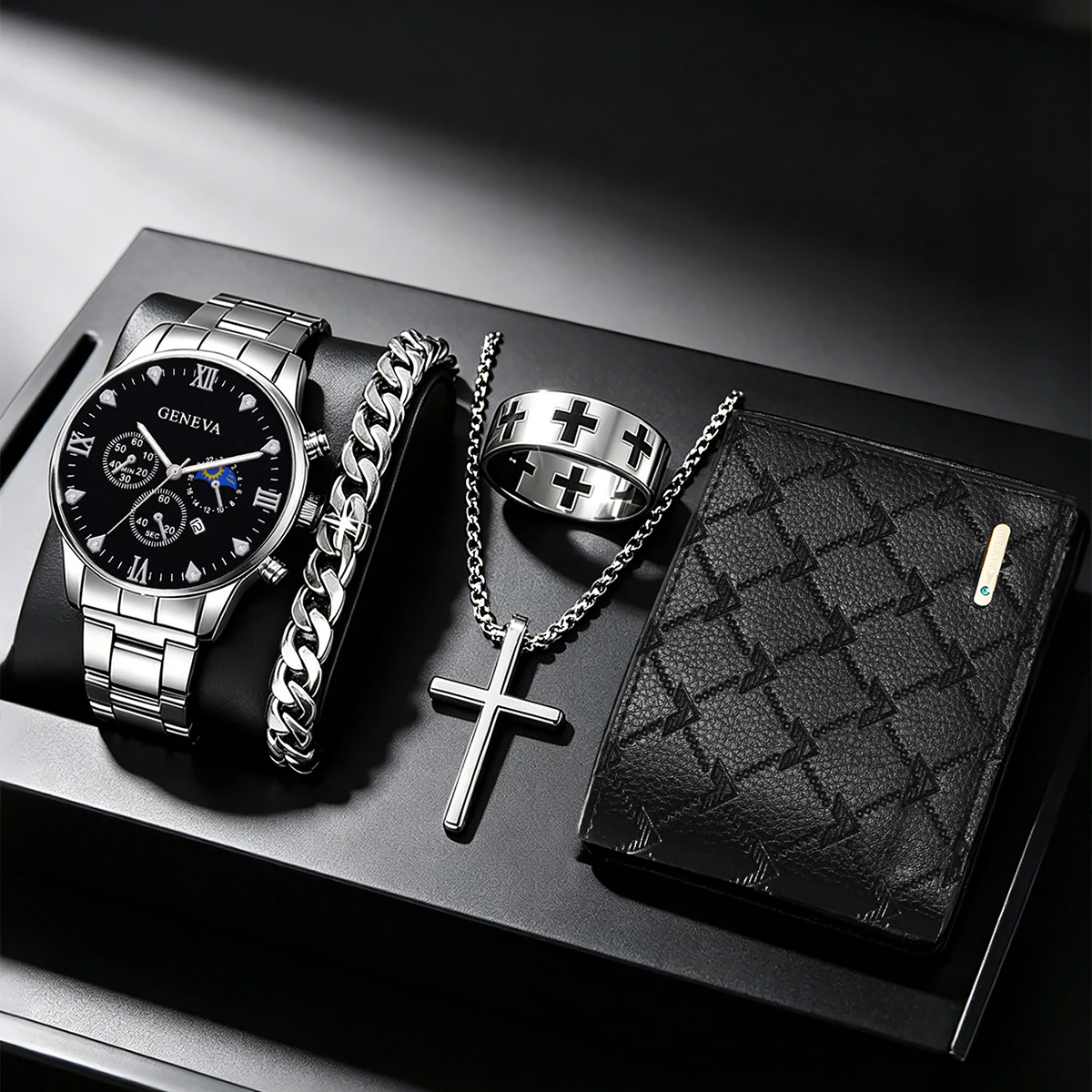 5-Piece Set, Men's Fashionable Quartz Watch with Jewelry, Wallet Set, Versatile for Daily Casual Wear, Classic and Practical Appearance, Pointer Display, Great Accessory for Shopping, Business Trips, and Outings, Perfect Gift for New Year, Father's Day, Christmas, and Other Holidays.