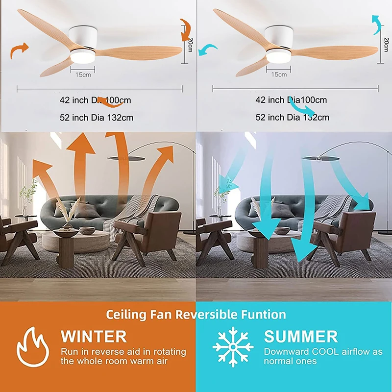42 52 Inch Ceiling Fans With Lights Led 3 Color 6 Speeds DC Motor Fans ...
