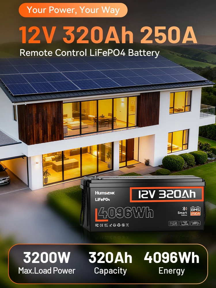 Humsienk 12V 320Ah LiFePO4 Bateria Litowo-Fosforanowa, z wbudowanym systemem zarządzania baterią (BMS) 250A i monitorowaniem przez Bluetooth, bateria głębokocyklowa do zastosowań solarnych, w — 2