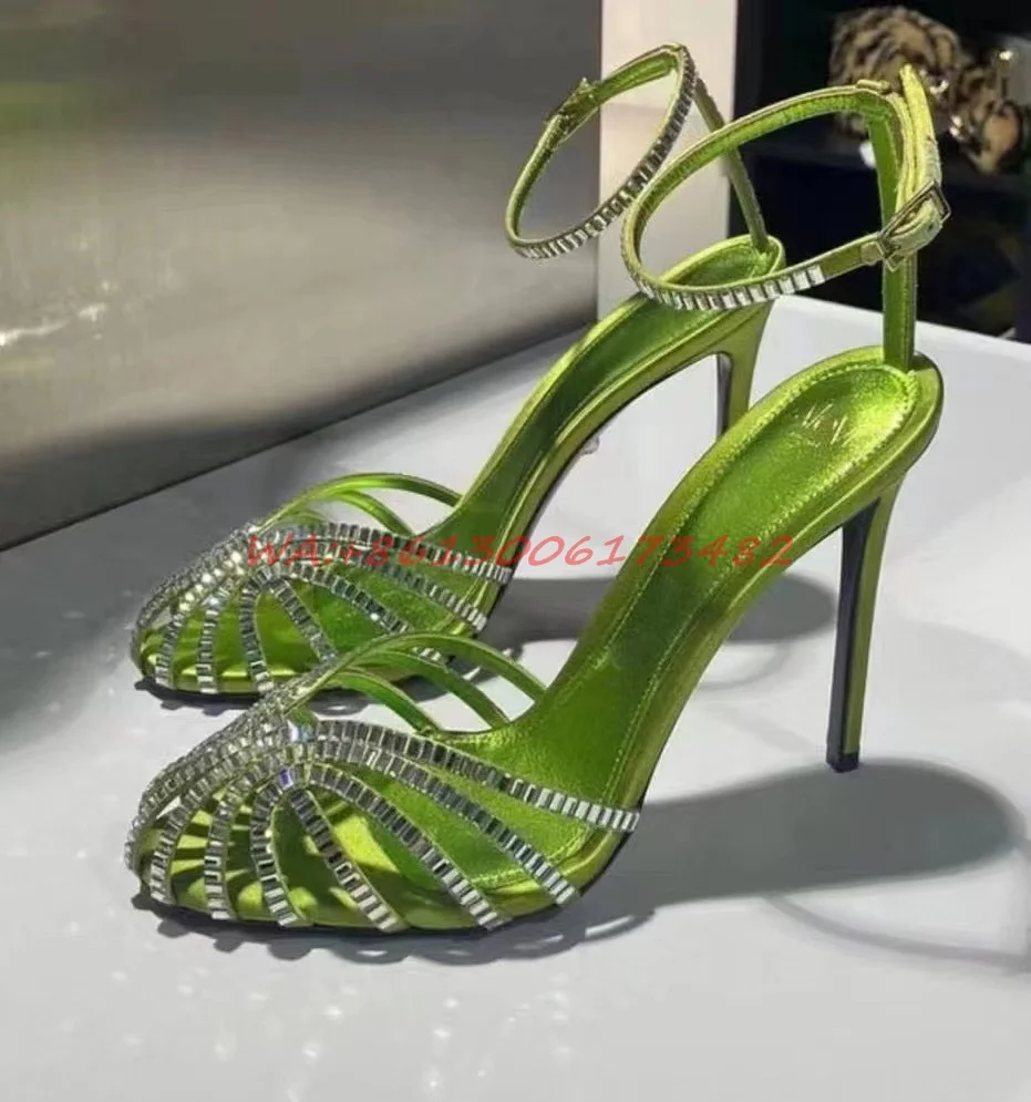 new arrive deign woman green rhinestone high heel sandal sexy closed toe hollow straps high heel slingback green crystal sandal