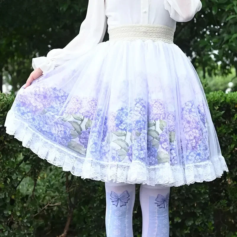 Krótka spódniczka z nadrukiem Sweet Hortensja Mori Girl Spódnica z elastyczną talią dla kobiet — zdjęcie 2
