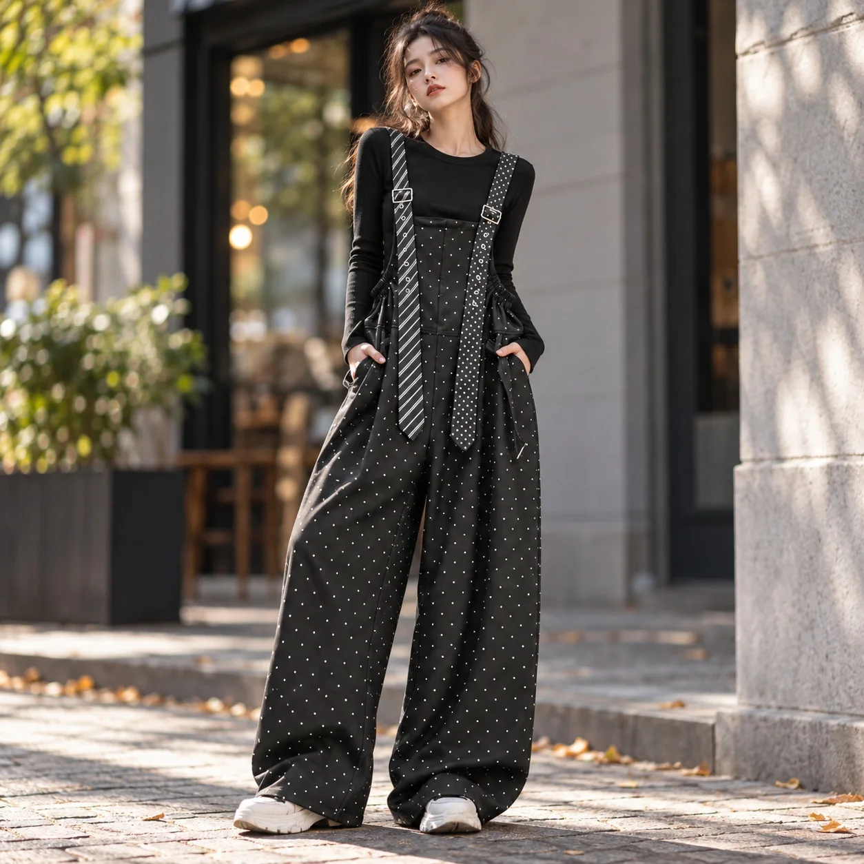Wide Leg Loose Fit Pants Full Length Streetwear with Washed Finish Washed Distressed Medium Thickness Autumn Overalls for Women
