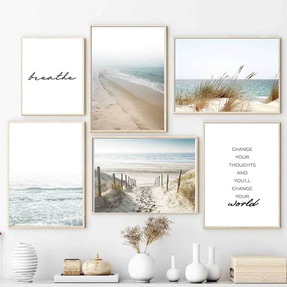 Seascape Wall Art Poster Reed Sea Beach World Quotes Canvas Painting Nordic Wall Pictures Prints For Living Room Home Decoration