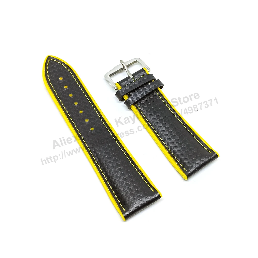 Fits/For Casio WVQ-550LE Wave Ceptor - Carbon Embossed Pattern Black Genuine Leather on Yellow Silicone/Rubber Replacement Watch