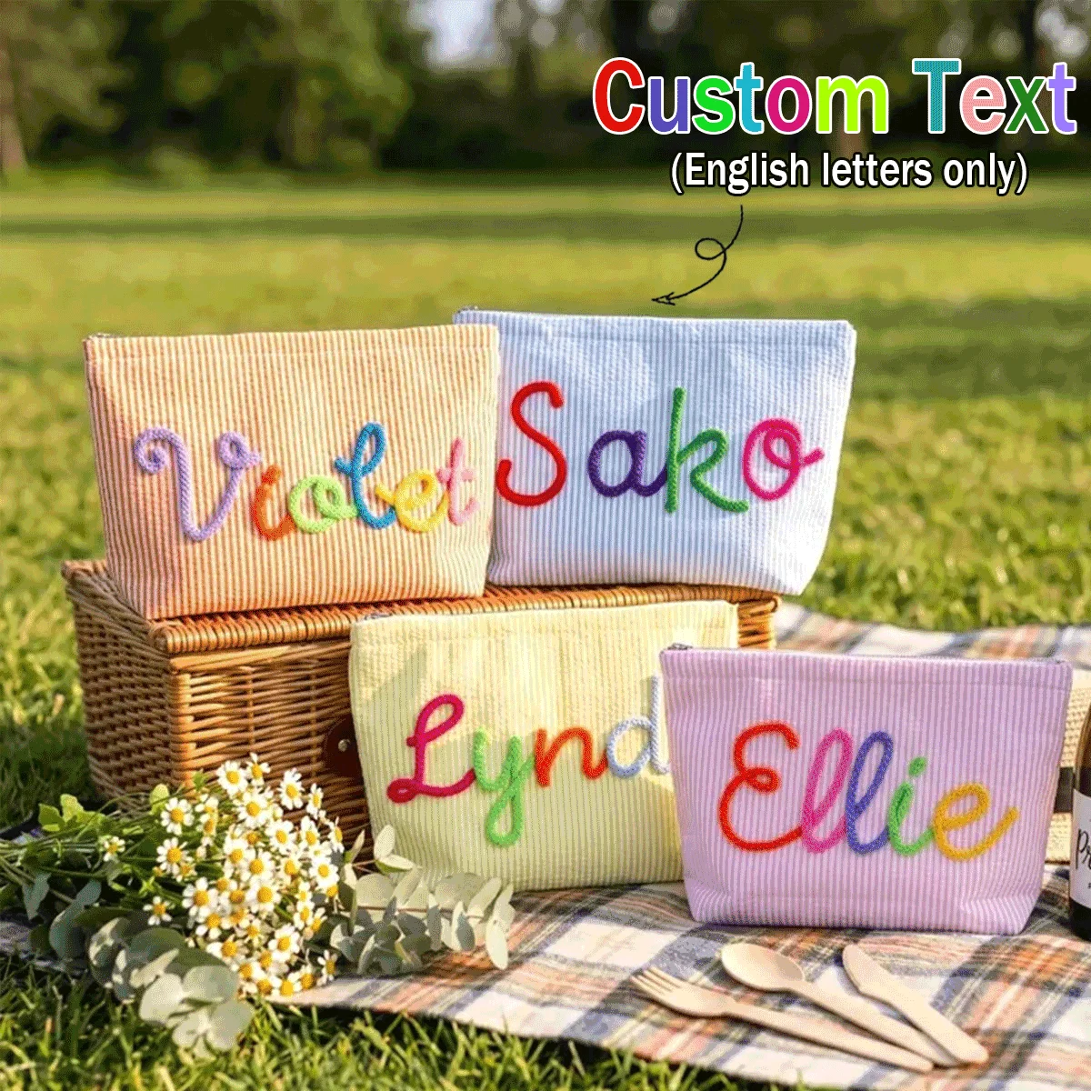 Personalized Seersucker Makeup Bag, Custom Name Cosmetic Pouch, Bridesmaid Gift, Travel Makeup Bag, Striped Toiletry Bag, Beach