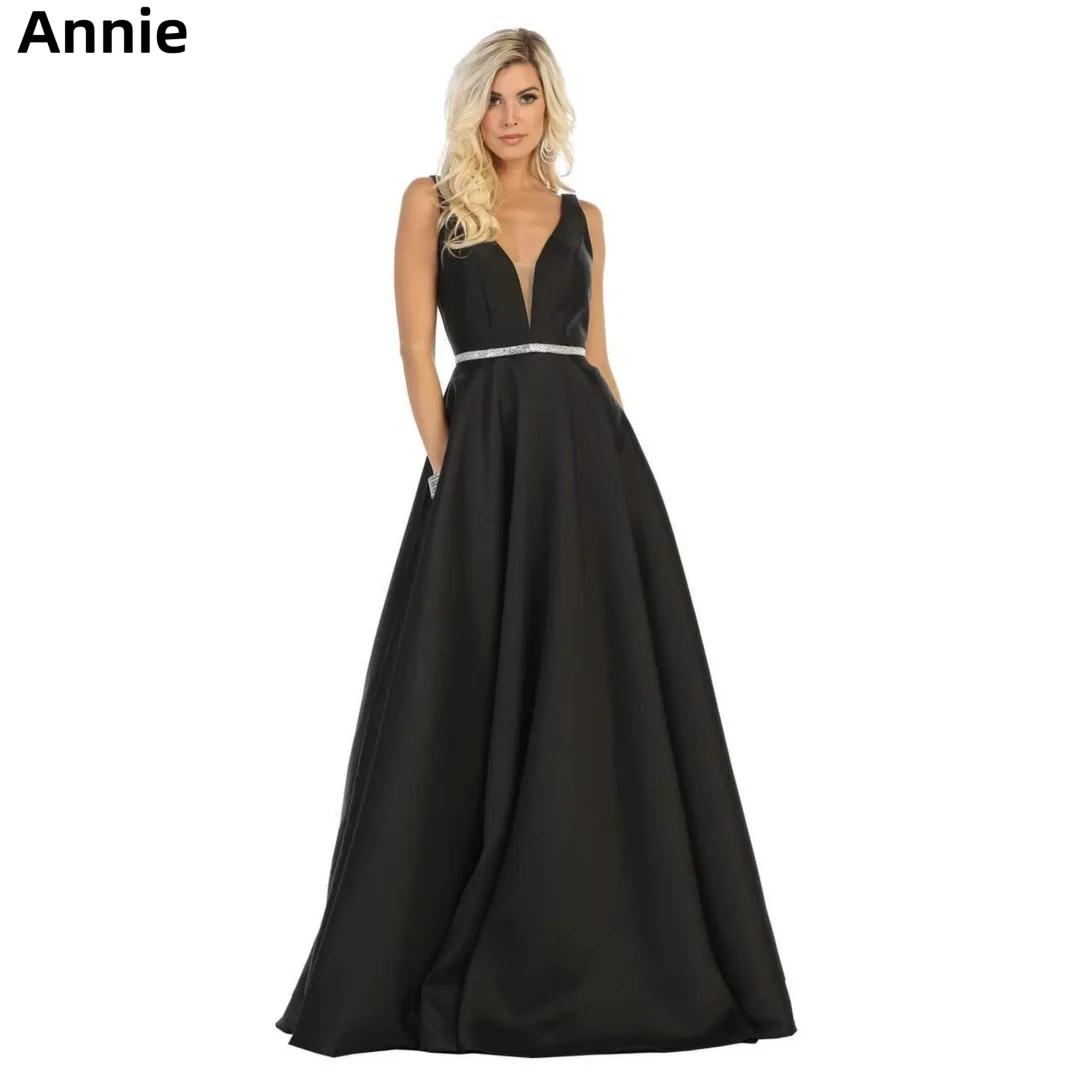 

Annie Spaghetti Strap V-neck Prom Dresses Waist Beading Evening Dresses A-line Elegant Satin For Women Party Dresses فساتين سهرة