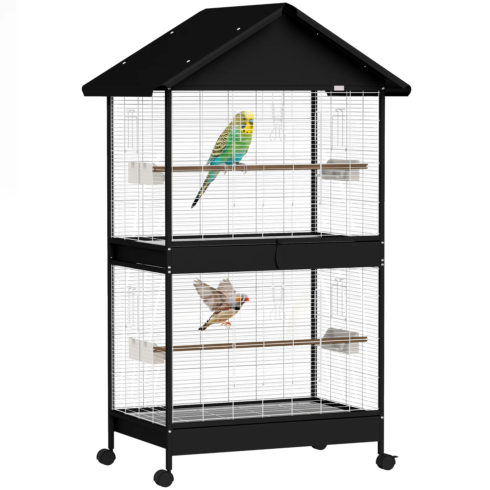 Grote vogelkooi met wielen, uitneembare lade, zitstokken, dak, voor papegaaien en kanaries, zwart