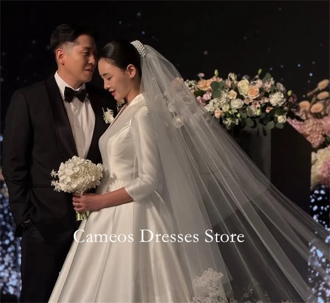 SONDR Customized V-Neck Satin Elegant Wedding Dresses Half Sleeves Ruched Ivory Brides Gowns Women Bridal Dresses