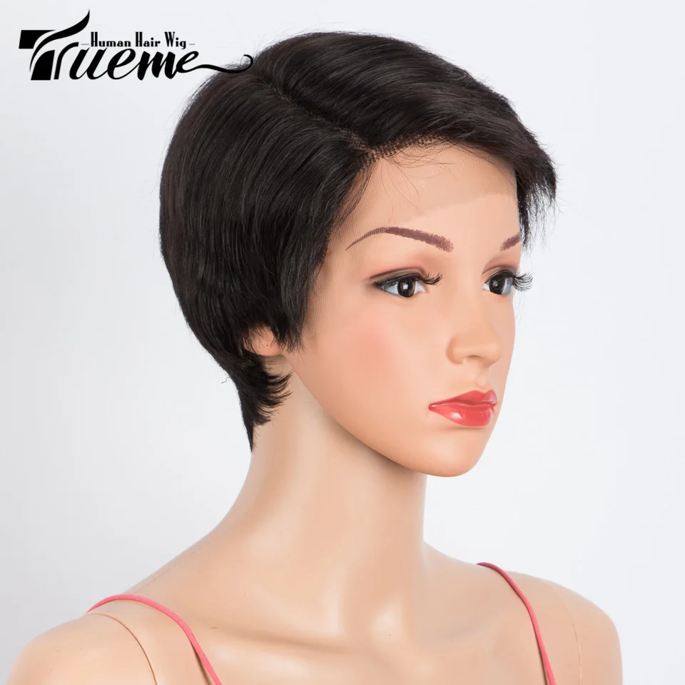 Trueme Short Pixie Human Hair Lace Wig Brazilian Lace Front Human Hair Wigs For Women Highlight Brown Part Lace Human Wigs