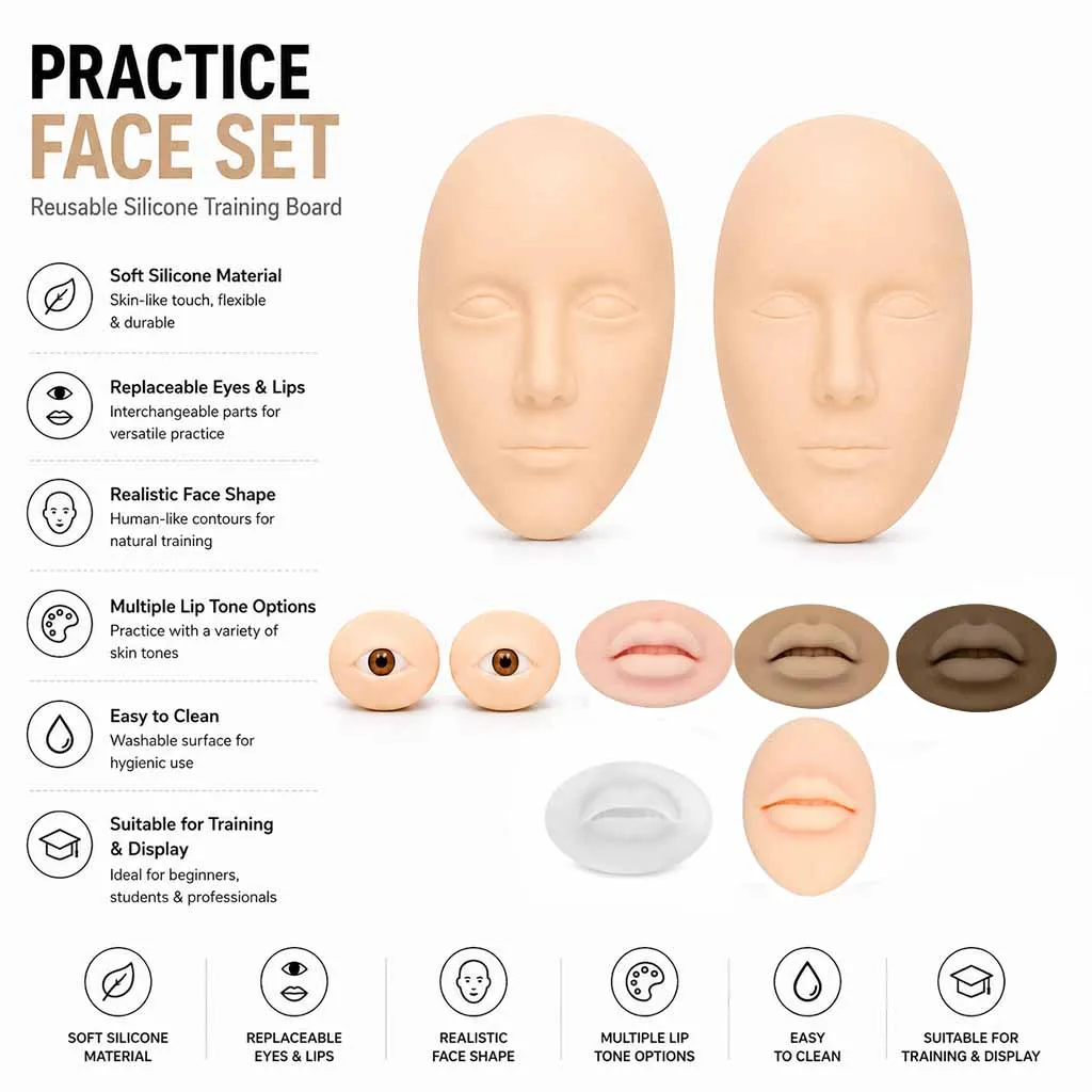 Silicone Tattoo Practice Face Set Reusable Training Skin Board with Replaceable Eyes Lips for Tattoo Makeup Artist