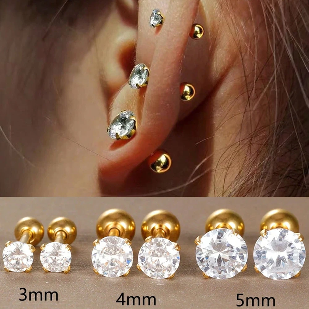 3 Pairs Classic Zirconia Stud Earrings For Women CZ Stainless Steel Women Cartilage Tragus Lobe Daith Girls Piercing Jewelry