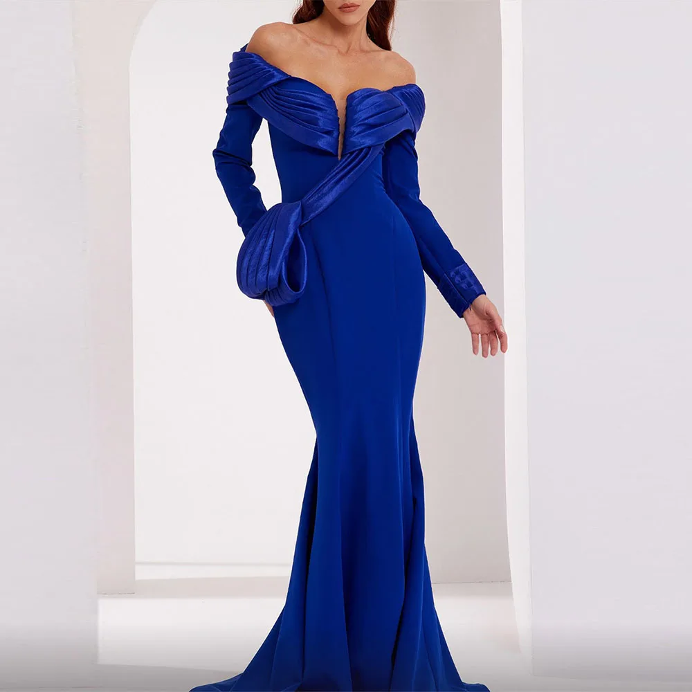 Customized Elegant Evening Gown For Women Off The Shoulder Full Sleeves Solid Color Court Train Long Prom Party Dresses فساتين م