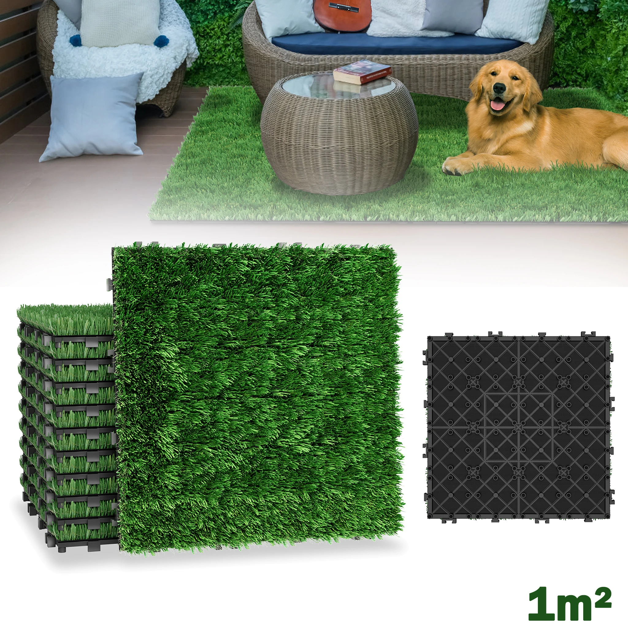 11 pièces de dalles de gazon artificiel, tapis de gazon artificiel extérieur de 40 mm de hauteur avec trous de drainage, résistant aux UV, résistant au feu et aux intempéries, gazon synthétique pour balcon, jardin et terrasse, 30 x 30 cm, vert
