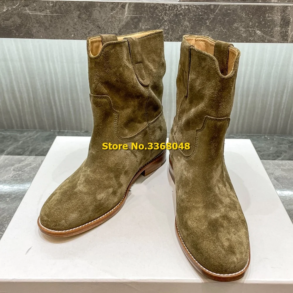 Western Cowboy Boots Suede Ankle 2024 Newest Women Autumn Winter Booties Chunky Heel Height Increase Solid Slip On Boots