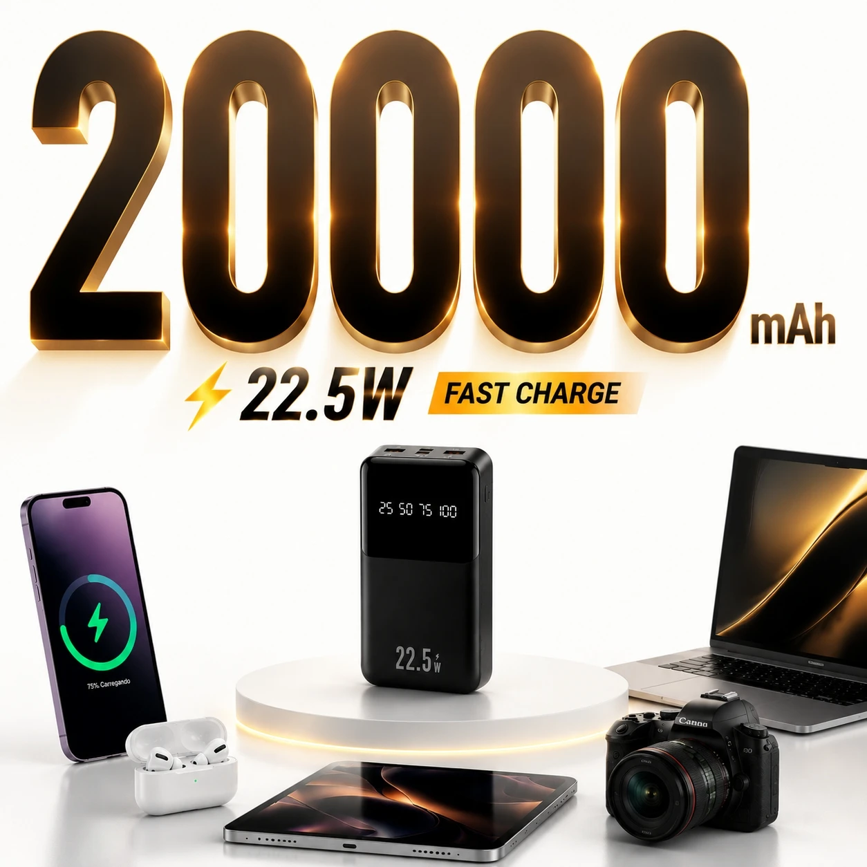 Power Bank 20000mAh: Carregamento Ultra-Rápido, Carregador Portátil, 4 Portas USB e Visor Digital