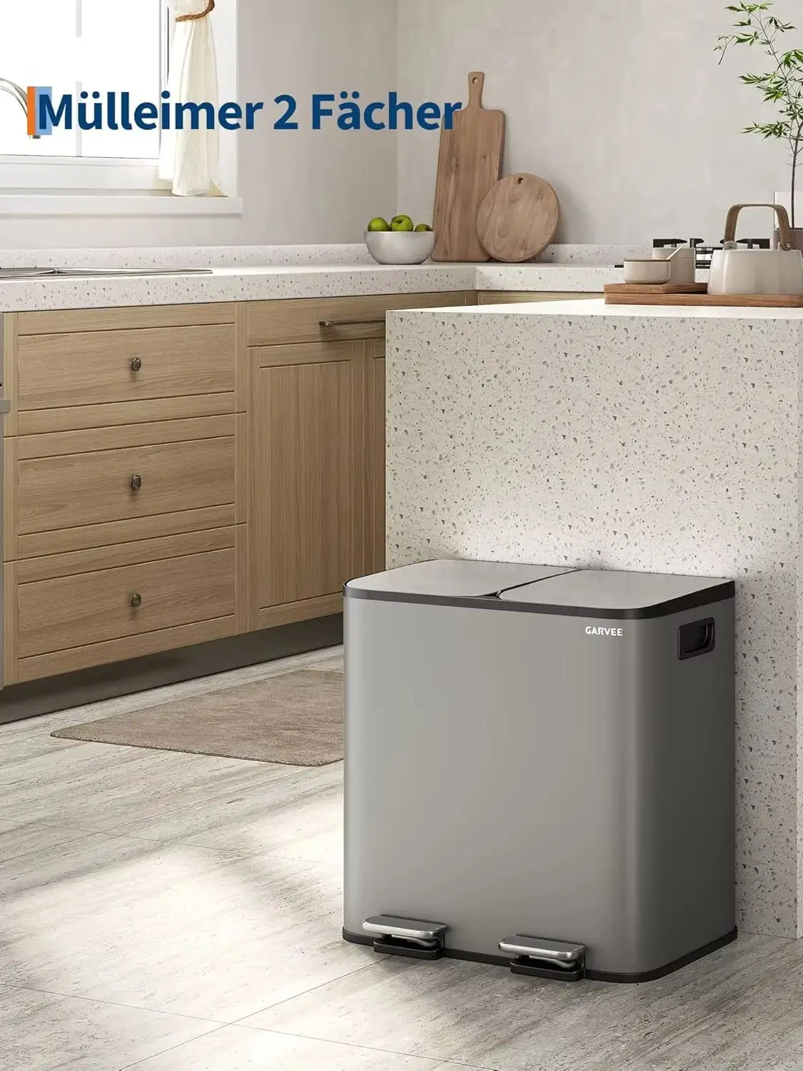 Mülleimer Küche, Mülleimer 2 fächer, Mülltrennsystem 2 x 15 Liter, Tretmülleimer mit Edelstahldeckel, Softclose-Deckel mit Inneneimer für Recycling und Restmüll,