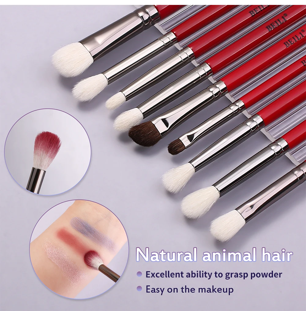 BEILI Red 11pcs Professional Makeup Brushes Set Natural Goat Hair Cosmetics Eyeshadow Powder Concealer Highlight Foundation