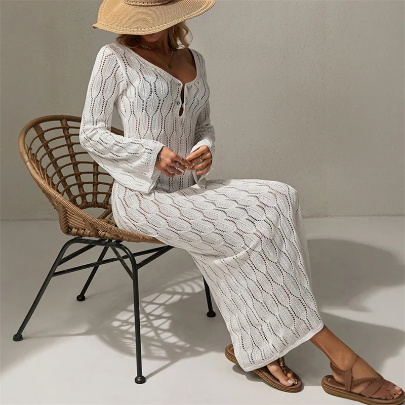 ผู้หญิงแขนยาวBackless Beachชุดถักดูผ่านโครเชต์บิกินี่Cover-Upเซ็กซี่ฤดูร้อนชุดว่ายน้ําหญิงSarong
