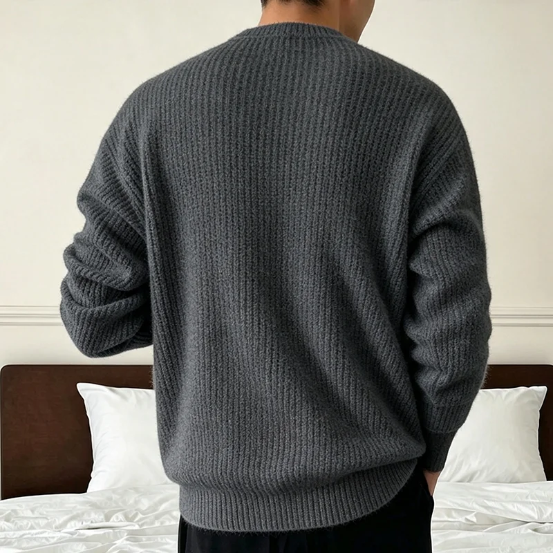 Neuer Herren-Strickpullover in Unifarben für Frühling und Herbst, Lässiger Modischer Pullover mit Gerippter Textur, Langen Ärmeln und Rundhalsausschnitt – Detail 32
