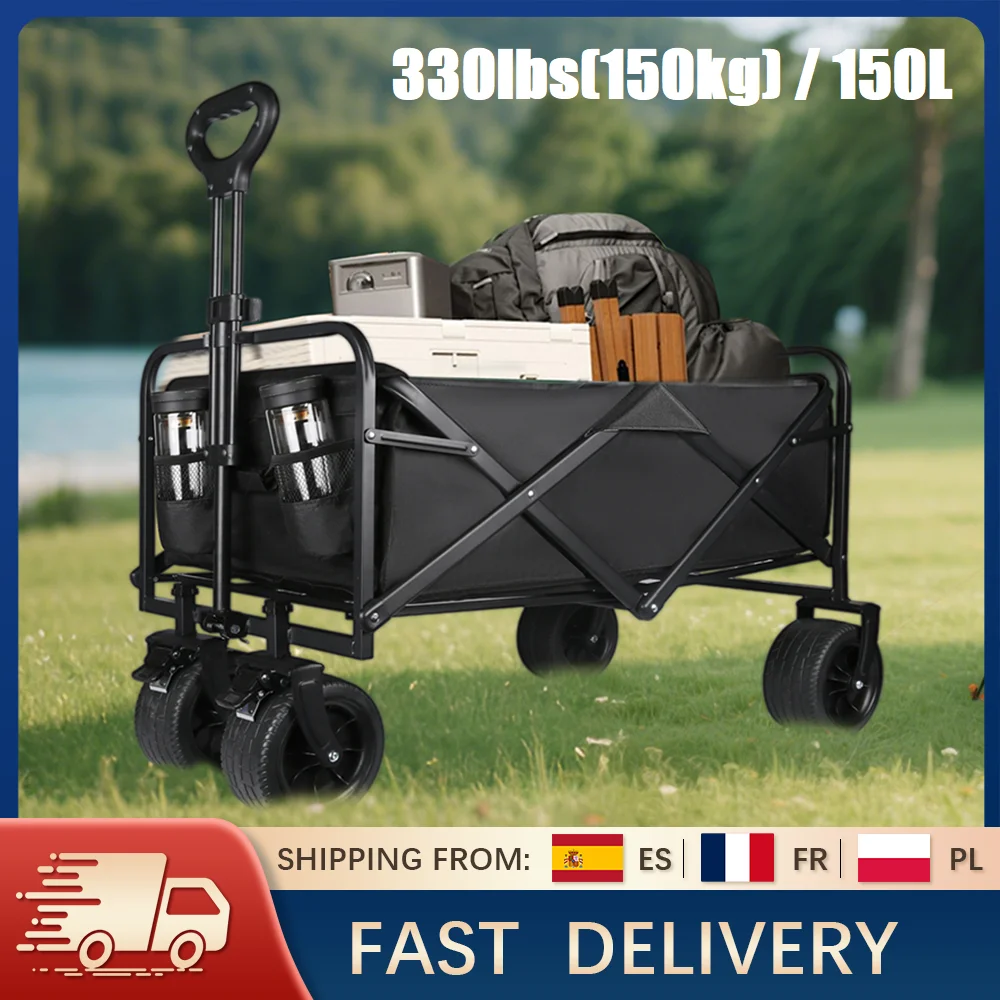 Chariot de Camping pliant avec poignée réglable, roues tout-Terrain de grande capacité 150L/100L pour plage, Shopping, jardin, utilisation en extérieur