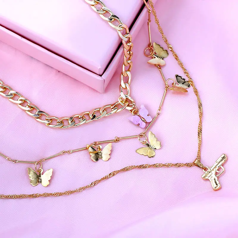 3Pcs Layered Butterfly Pistol Pendant Necklace Set for Women, Gold Color Chunky Chain Multilayer Choker Jewelry Gift