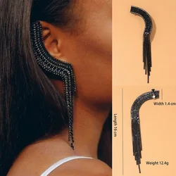 Stonefans Shiny Women 1 Pcs Black Crystal Ear Clip Trendy Rhinestone Tassel Earrings No Piercing Jewelry