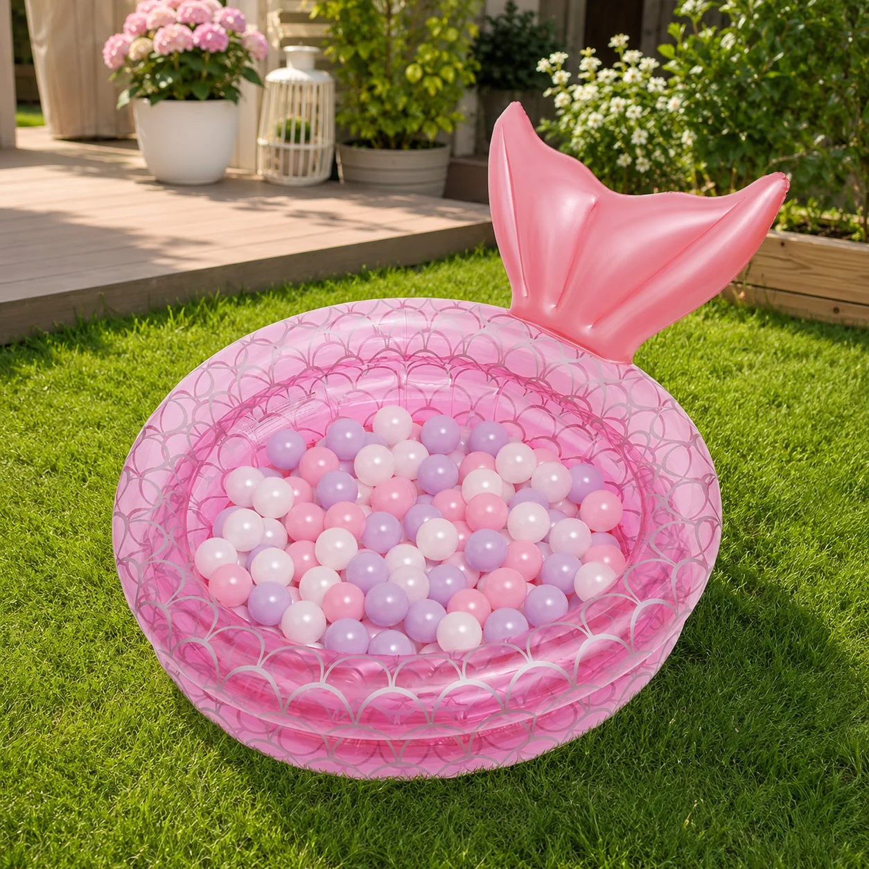 Inflatable Ball Pit Pool Mermaid Tail Design, Pink Foldable Play Pool with Ocean Balls, Portable Indoor Outdoor Activity Pool
